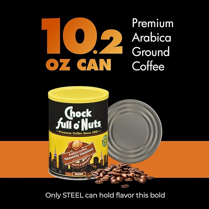 Chock Full o' Nuts Heavenly Hazelnut Ground Coffee – Premium Beans in Recyclable Steel Can – Rich Flavor & Aroma, Medium Roast – Perfect for Drip, Pour-Over, Percolator – 10.2 Oz Can