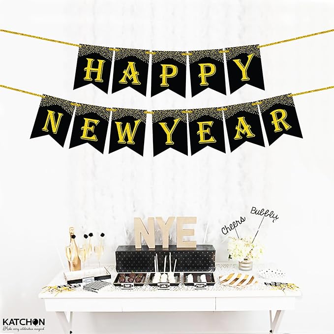 KatchOn, New Years Eve Party Supplies 2026 - Pack of 5 | 10 Feet, No DIY, Happy New Year Banner with 40 Inch, 2026 Balloons Gold | Happy New Years Decorations 2026 | New Year Decorations