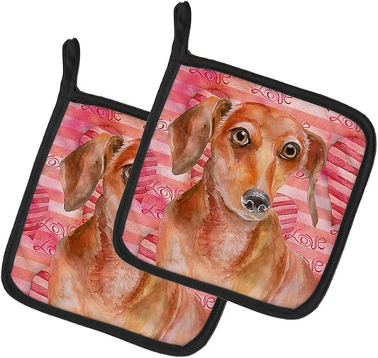 Caroline's Treasures BB9794PTHD Red Dachshund Love Pair of Pot Holders, Red Kitchen Heat Resistant Pot Holders Sets Oven Hot Pads for Cooking Baking BBQ, 7 1/2 x 7 1/2
