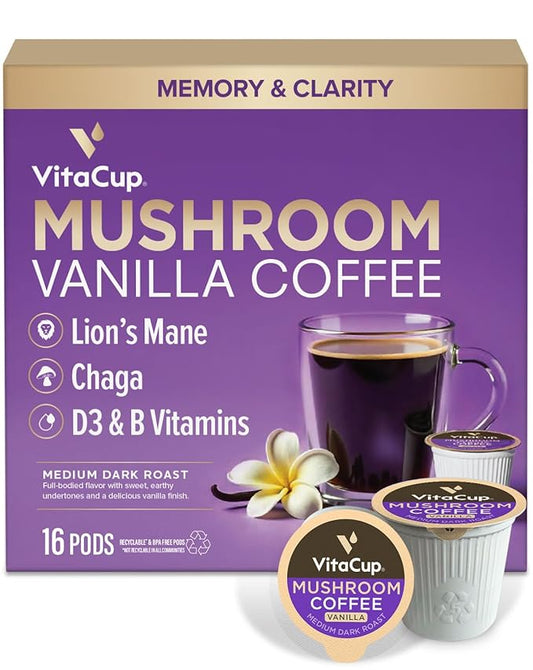 VitaCup Mushroom Coffee Pods, Vanilla Flavored Coffee with Chaga, Lion’s Mane, Vitamins, Medium Dark Roast Arabica Beans, Single Serve Pods Compatible with Keurig K-Cup Brewers, 16 Ct
