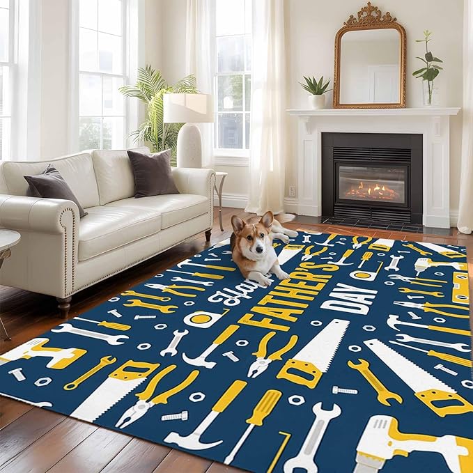 Father's Day Rectangle Rug 9x12 ft Hand Tools Workshop Equipment Soft Area Rug for Living Room Washable Non-Slip Carpet Indoor Mat for Bedroom Dining Room Holiday Decor