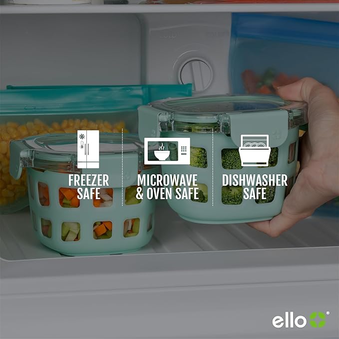Ello Duraglass 8-Pack 2 Cup Reusable Glass Container Jar with Leak Proof Lids and Protective Silicone Sleeves | Perfect for Overnight Oats, Snacks, Yogurt | BPA-Free | Dishwasher Safe | Yucca
