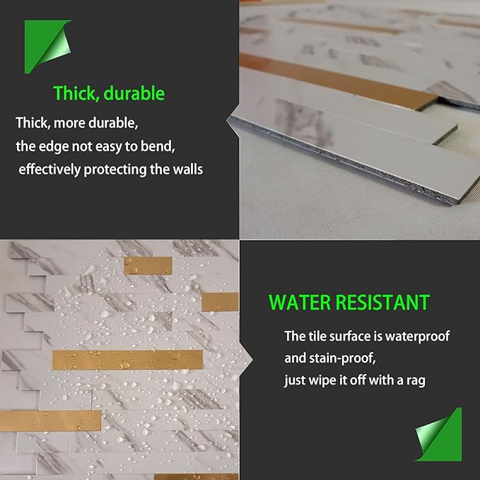10-Sheet Peel and Stick Backsplash Tile, PVC Mixed Meta,l Stick on Kitchen, Bathroom Vanities, Fireplace Décor, Laundry Table(11.2" X 12.7") (10, White Marble + Golden)