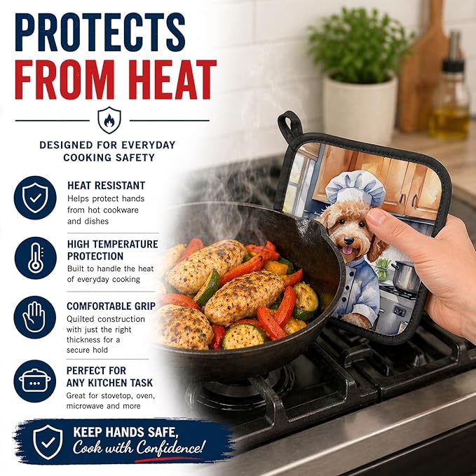 Caroline's Treasures Goldendoodle The Chef Pair of Pot Holders Kitchen Heat Resistant Pot Holders Sets Oven Hot Pads for Cooking Baking BBQ, 7 1/2 x 7 1/2