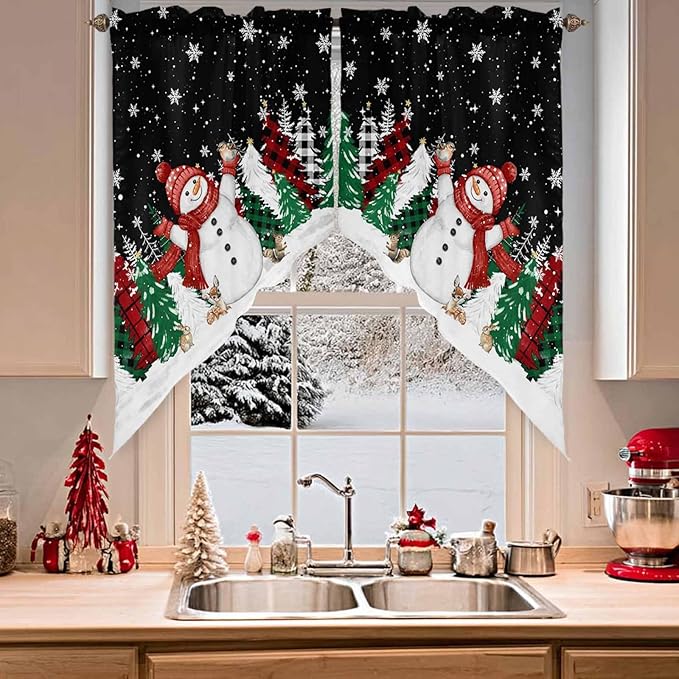 Christmas Snowman Swag Valance Curains Winter Xmas Tree Snowflakes Black Rod Pocket Kitchen Curtains Scalloped Window Treatment Valances Swag for Living Room Bedroom, 1 Pair, 28"W x 36"L