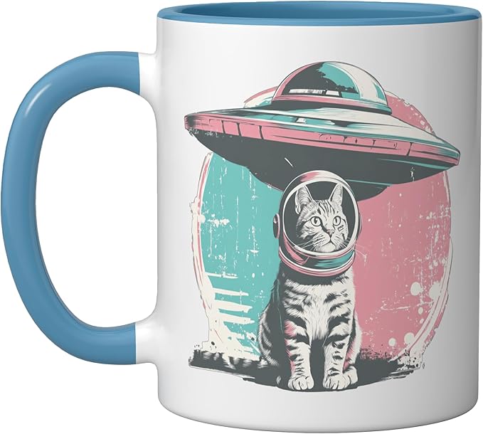 Retro UFO Cat Astronaut Alien Sci Fi Space Funny Pastel Ceramic Mug, Blue/White