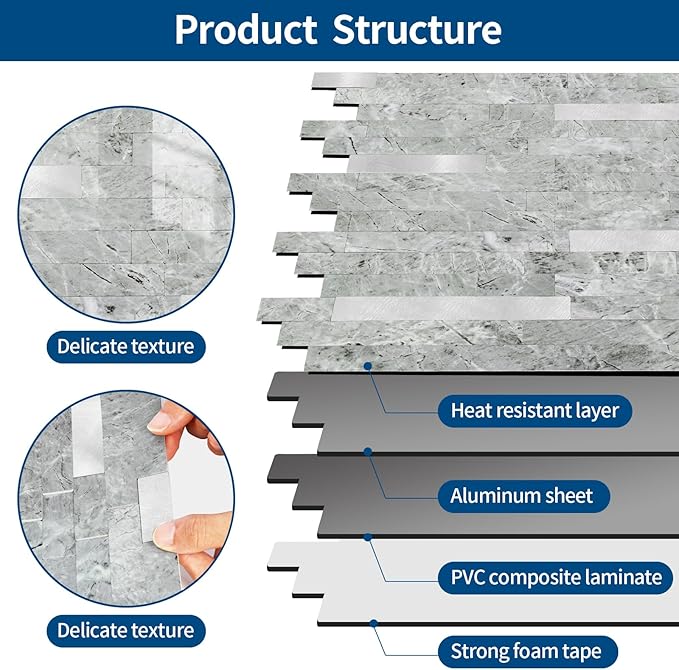 Yipscazo 5 Sheets Peel and Stick Stone Metal Tile Backsplash, Stick on Tiles for Backsplash Kitchen, Bathroom, Laundry Room, Camper, Fireplace (12'' X 12'', Polished Gray)