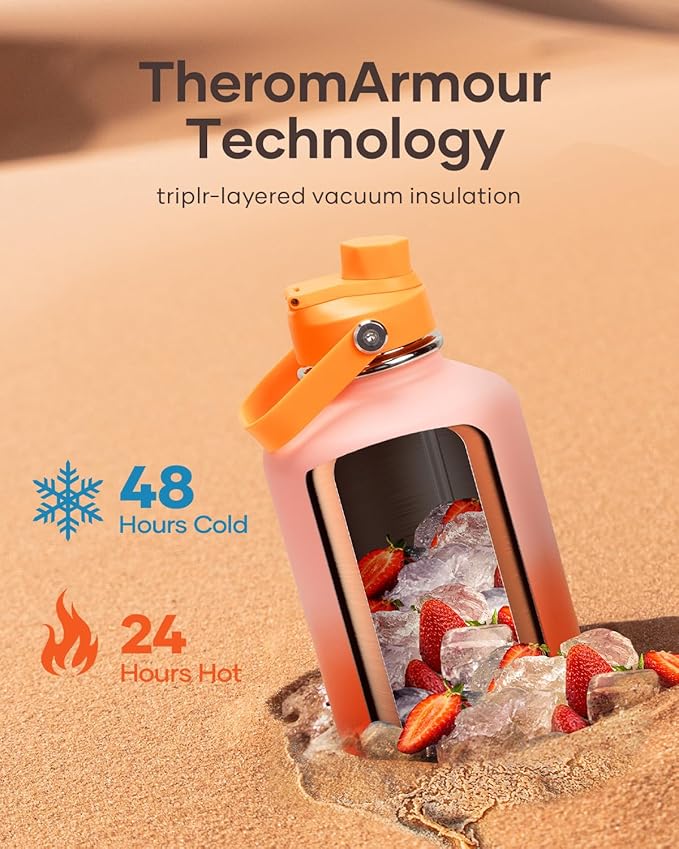 BUZIO 64oz Insulated Water Bottle, Stainless Steel Water Flask with Straw Lid and carrying pouch, Keep Cold 48h Leak Proof Double Wall Vacuum Travel Mug Metal Canteen for Gym Beach, Gradient Orange