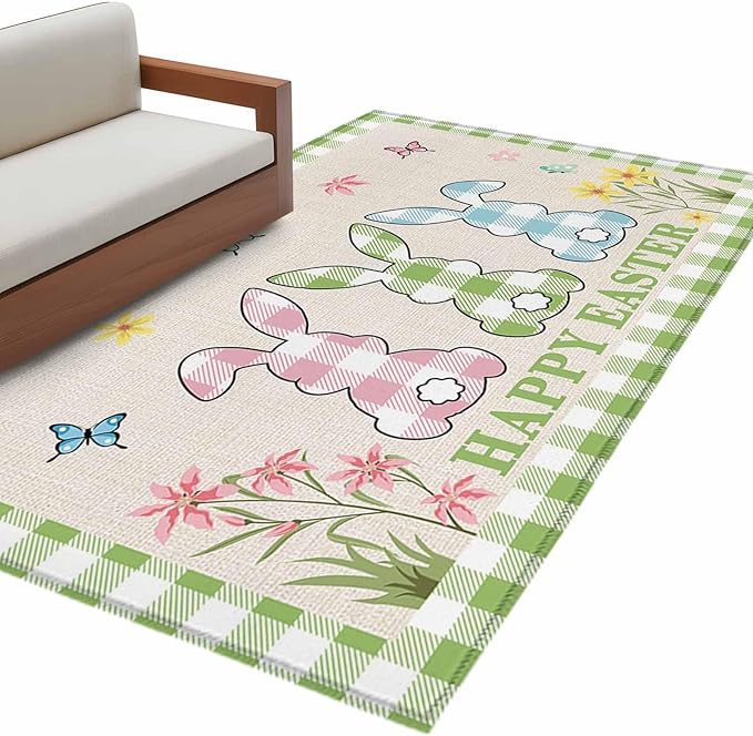 Area Rug 4x6ft, Happy Easter Bunny Shadow Flowers Washable Rugs for Living Room Bedroom, Retro Linen Cotton and Grid Soft Non-Slip Area Rugs Rectangle Floor Carpet for Dining Room