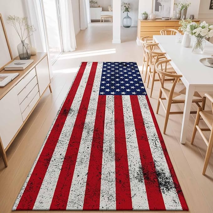Runner Rug for Bedroom Hallway, Independence Day Stars Stripes Retro Kitchen Runner Rugs Area Rug 2x6ft, Patriotic Flag Red Blue Washable Soft Floor Carpet for Entryway Stair