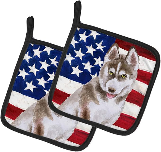 Caroline's Treasures BB9696PTHD Siberian Husky Grey Patriotic Pair of Pot Holders Kitchen Heat Resistant Pot Holders Sets Oven Hot Pads for Cooking Baking BBQ, 7 1/2 x 7 1/2