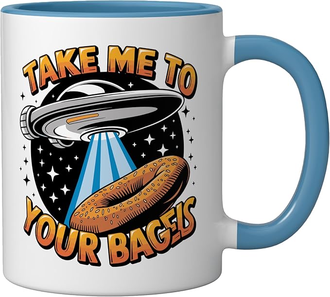 Take Me to Your Bagels UFO Abduction Jewish Funny Bagel Ceramic Mug, Blue/White
