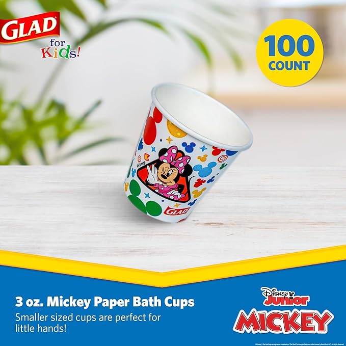 Glad for Kids Disney Mickey and Friends Disposable Mini Paper Cups, Mickey Mouse - Colorful Soak-Proof Bathroom Rinse Cups, Small Size Ideal for Little Hands, 3 oz, 100 Count