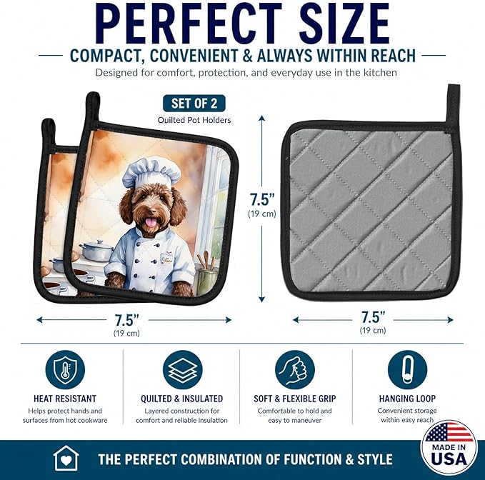 Caroline's Treasures Labradoodle The Chef Pair of Pot Holders Kitchen Heat Resistant Pot Holders Sets Oven Hot Pads for Cooking Baking BBQ, 7 1/2 x 7 1/2