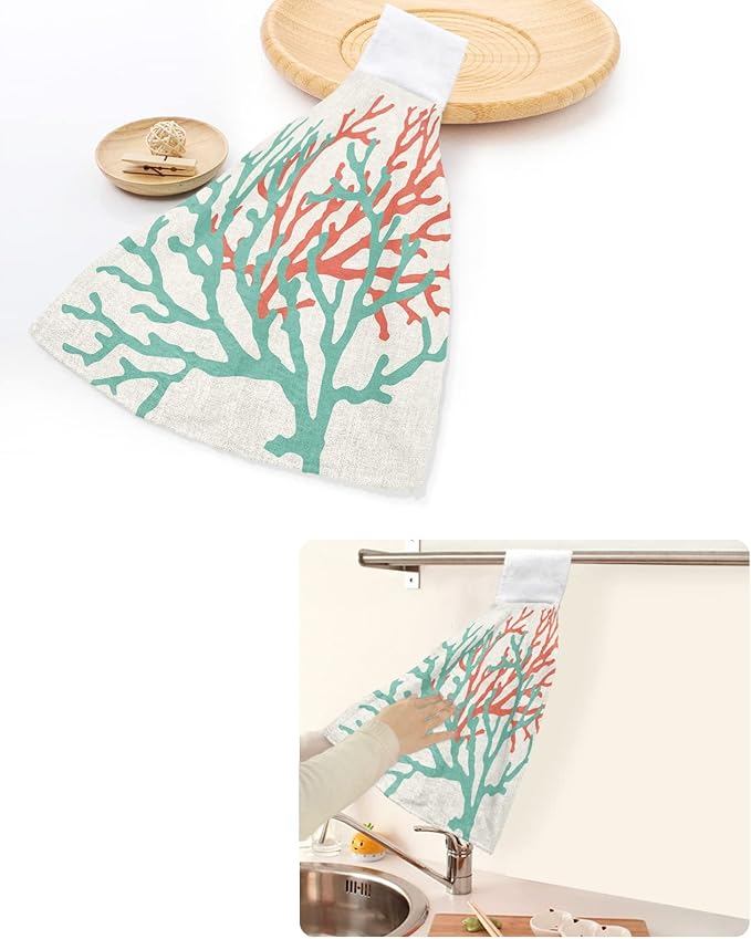 Alandar Home Kitchen Tie Towel Set of 1, Ocean Teal Orange Coral on Linen Absorbent Soft Hand Towels for Bathroom Hanging Towels, Nautical Abstract Marine Life Fast Drying Cleaning Cloth with Loop