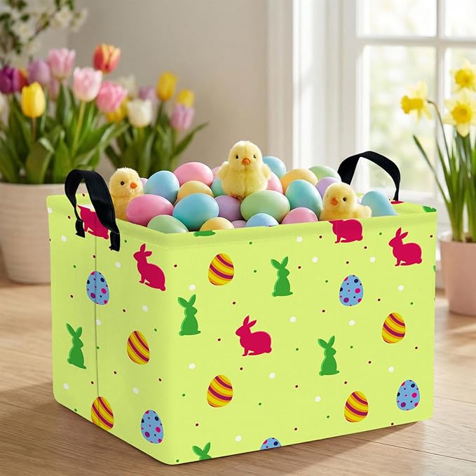 Kid Large Empty Easter Basket Gift Personalized Fabric Bunny Easter Basket for Boy and Girl Room Decor Storage Bin (Red Green Rabbit)