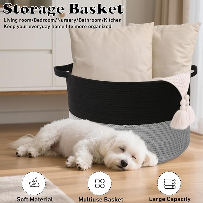 90L Extra Large Blanket Basket,Woven Laundry Basket Hamper with Handles, Decorative Nursery Basket Storage Bin for Toys, Clothes Organizer, Living Room, Bedroom, Bathroom, Black&Light Grey