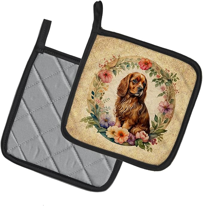 Caroline's Treasures Sussex Spaniel and Flowers Pair of Pot Holders Kitchen Heat Resistant Pot Holders Sets Oven Hot Pads for Cooking Baking BBQ, 7 1/2 x 7 1/2