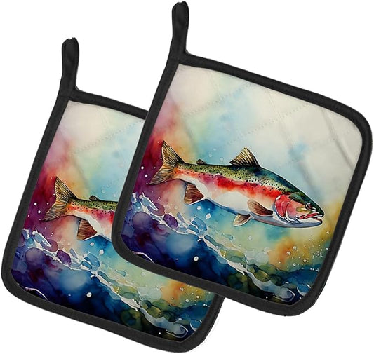 Caroline's Treasures Rainbow Trout Pair of Pot Holders Kitchen Heat Resistant Pot Holders Sets Oven Hot Pads for Cooking Baking BBQ, 7 1/2 x 7 1/2