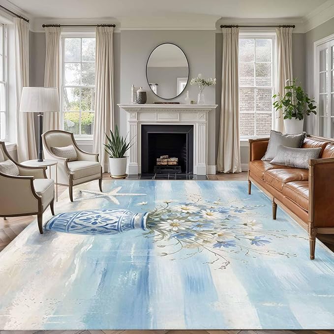 Area Rug 9x12ft, Summer Beach Starfish Flower Washable Rugs for Living Room Bedroom Rectangle Floor Carpet, Marine Theme Daisy Vase Soft Non-Slip Area Rugs for Dining Room