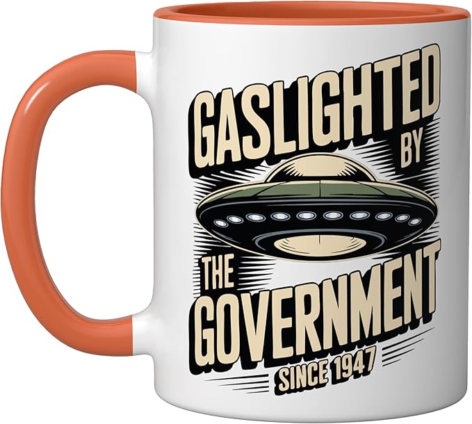 Alien UFO Gaslighted by the Government 1947 Ceramic Mug, Orange/White