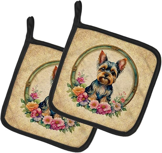 Caroline's Treasures Yorkshire Terrier and Flowers Pair of Pot Holders Kitchen Heat Resistant Pot Holders Sets Oven Hot Pads for Cooking Baking BBQ, 7 1/2 x 7 1/2