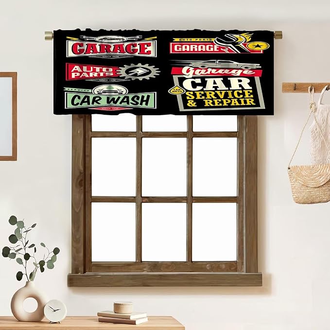 Car Repair Shop Logos Valance Curtain - Labels, Signs, Emblems, Stickers Collection for Garage, Service, Auto Parts, Wash - Short Curtains Valances for Home Decor With Rod Pocket