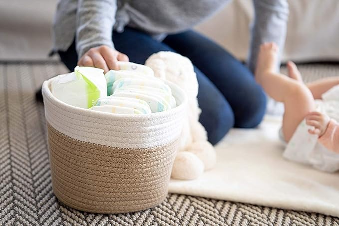 Little Hippo 2pc Large Cotton Rope Basket, White (16"x15") 100% Natural Cotton! Laundry Basket, Woven Storage Basket, Blanket Basket Living Room, Toy Storage Basket, Pillow Basket, Round Basket