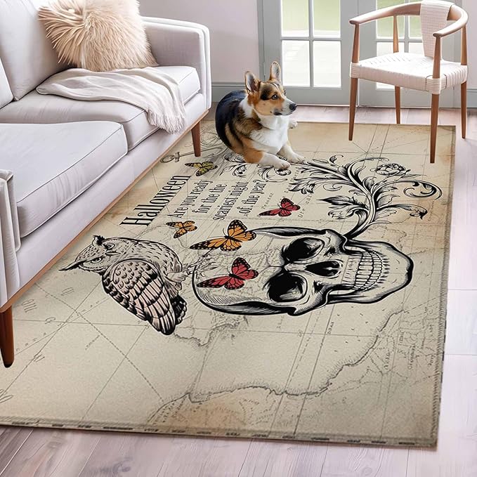 Area Rug 4x6ft, Halloween Skull Owls on Vintage Washable Rugs for Living Room Bedroom, Retro Butterflies Flower Soft Non-Slip Area Rugs Rectangle Floor Carpet for Dining Room