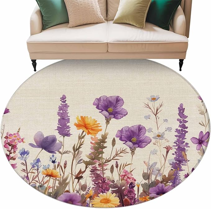 Washable Round Area Rug Country Flower Purple Lavender Plant Circle Rugs Floor Carpet for Living Room Bedroom, Retro Linen Soft Non Slip Round Rug 5ft