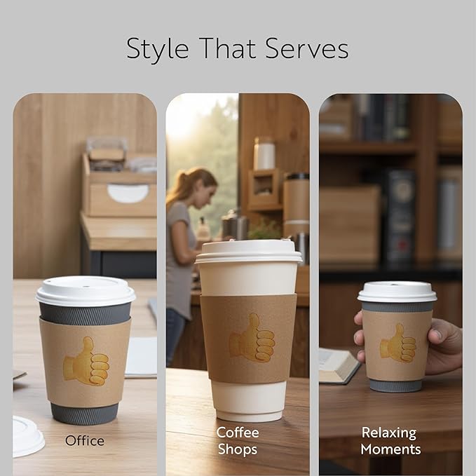 Restaurantware Coffee Sleeves Pack of 50 Corrugated Kraft Paper Coffee Cup Sleeves Fit for 12,16, 20-Ounce Hot Beverages Drinkwares Secure Grip Disposable with Thumbs Up Emoji For Cafes And Take Out