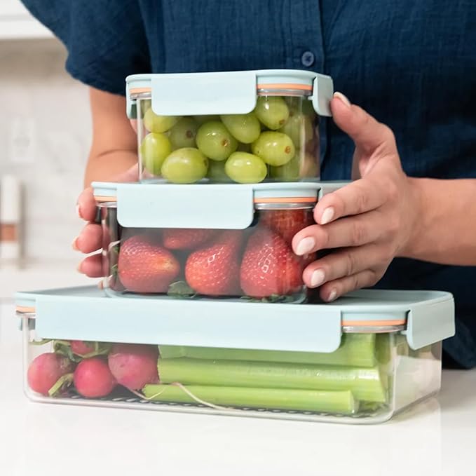 LocknLock LBF405RS7M Bisfree Modular Plus Food Storage Containers for Lunch, Meal Prep, Stackable, BPA-Free, Leakproof, Microwave, Dishwasher, Freezer-Safe, 14 Pieces, 7 Boxes and 7 Lids, Mint, 1.5L