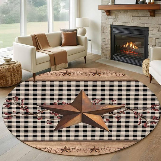 Brown Texas Star Retro 5ft Round Rug, Country Star Non-Skid Rubber Backing Large Area Rugs - Living Room Bedroom Home Office, Black White Plaid Wooden Indoor Floor Mat Carpets Washable Rug