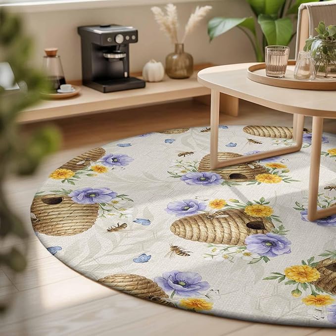 Washable Round Area Rug Garden Beehives Honeybees Circle Rugs Floor Carpet for Living Room Bedroom, Country Purple Floral Soft Non Slip Round Rug 3ft