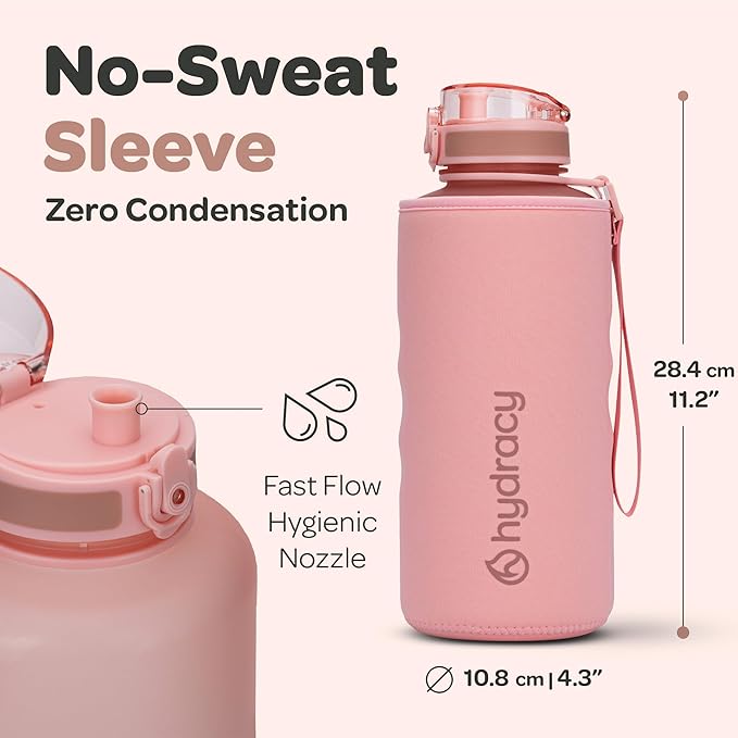 Hydracy Water Bottle with Time Marker -Large BPA Free Water Bottle & No Sweat Sleeve -Leak Proof Gym Bottle with Fruit Infuser Strainer & Times to Drink -Ideal for Fitness Sports & Outdoors