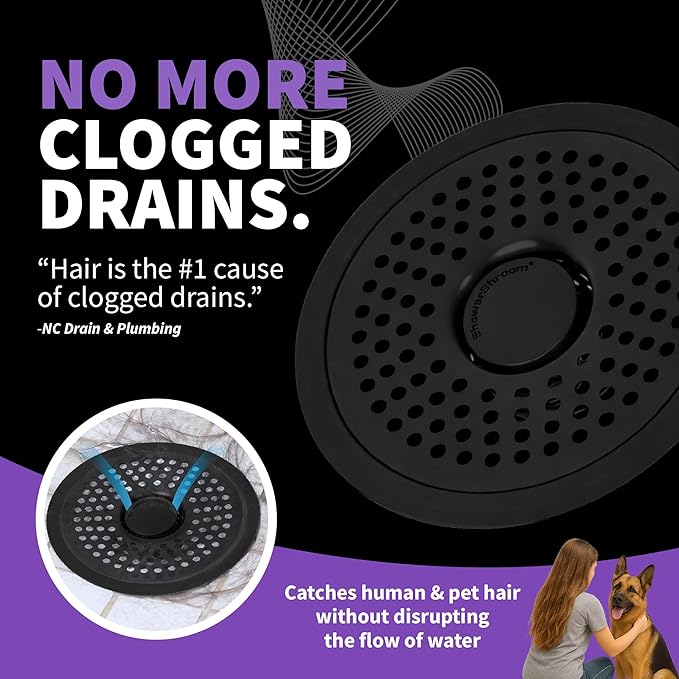 ShowerShroom Ultra Matte Black Hair Catcher, Stainless Steel Drain Protector, Fits All Shower Drains