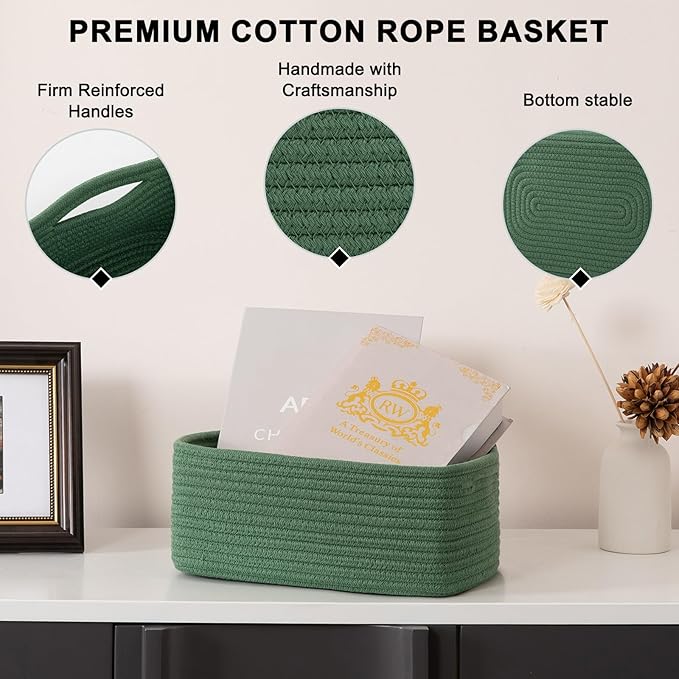 OIASKET 4 Pack Small Storage Shelf Baskets for Organizing, Mini Woven Rope Storage Bins for Towels, Cute Decorative Closet Organizer，Baby Nursery, Gift Empty Baskets -11.81''Lx7.87''Wx4.72''H-Green