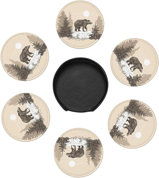 Famame 6 Pcs Vintage Bear in Stone Leather Coasters for Drinks with Holder Coaster Sets Drink Table Cup Coasters for Living Room Kitchen Coffee Decor