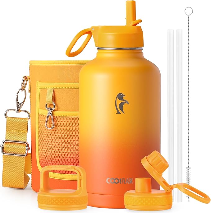 Half Gallon Water Bottle Insulated with Straw & 3 Lids, Coolflask 64 oz Water Jug Large Metal Stainless Steel Wide Mouth for Sports, Gym or Office, Non-BPA Keep Cold 48H Hot 24H, Ombre Yellow/Orange