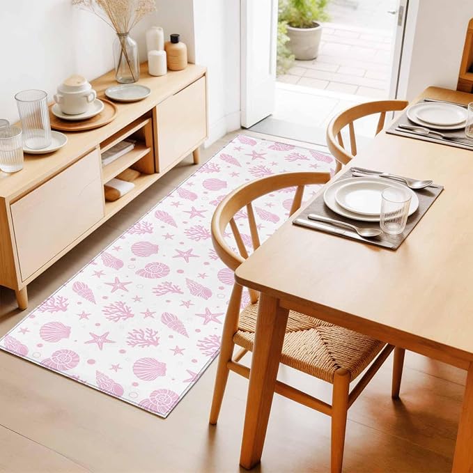 Runner Rug for Bedroom Hallway, Pink Ocean Shell Conch Coral Starfish Kitchen Runner Rugs Area Rug 2x6ft, Summer Marine Theme Washable Soft Floor Carpet for Entryway Stair