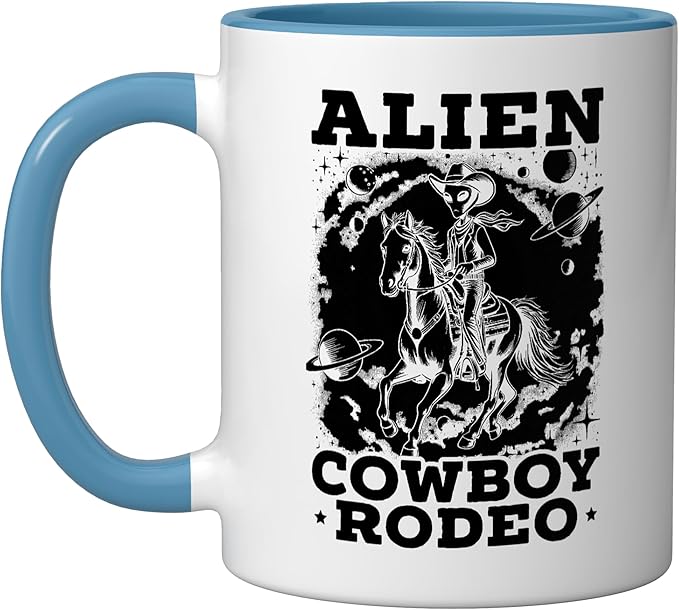 Alien Lover Flying Saucer UFO Extraterrestrial Cowboy Ceramic Mug, Blue/White