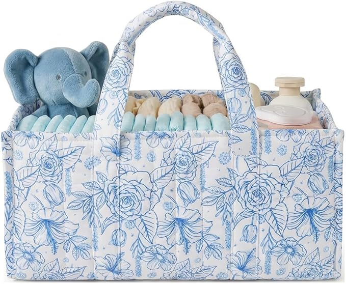 Quilted Fabric Storage Basket Floral Baby Diaper Caddy Quilted Basket Organizer for Newborn Nursery Bedroom Car Storage
