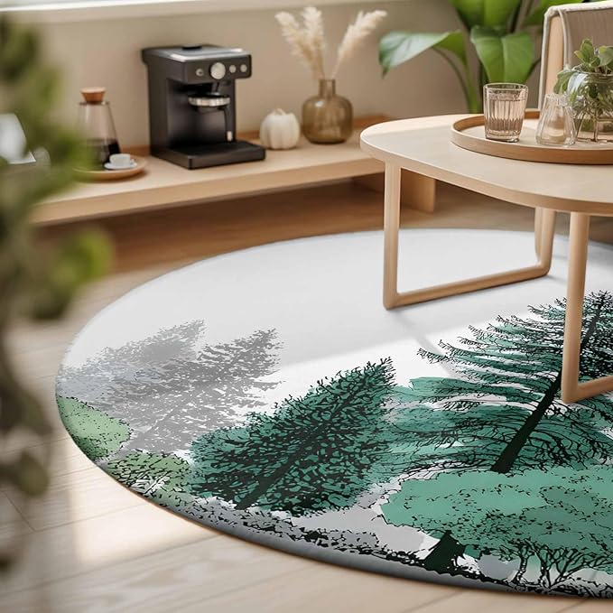 Washable Round Area Rug Minimalist Pine Tree Circle Rugs Floor Carpet for Living Room Bedroom, Farmhouse Watercolor Plants Soft Non Slip Round Rug 3ft