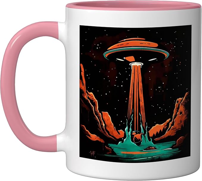 Aliens Abducting people into Flying UFO Saucer Abduction Ceramic Mug, Pink/White