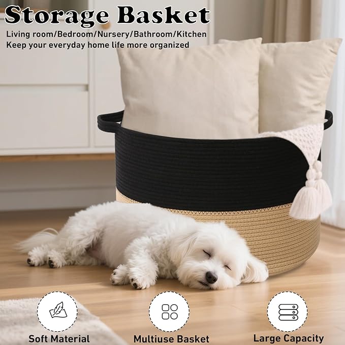 65L Large Blanket Basket,Woven Rope Laundry Basket Hamper with Handles,Decorative Nursery Basket Storage Bin for Toys, Pillows , Clothes Organizer, Living Room, Bedroom, Bathroom, Black&Camel