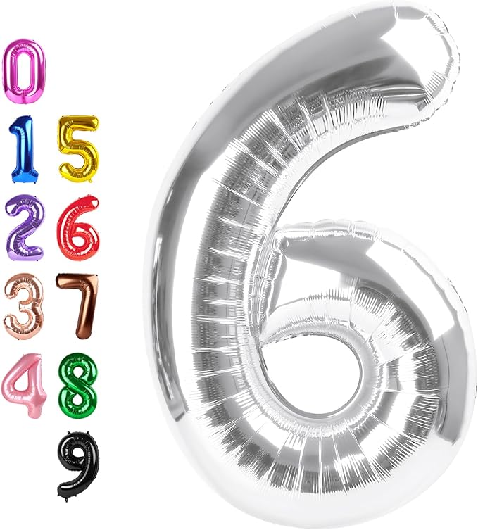 Silver Number Balloon Balloons 6, Happy Birthday Decoration for 6th, 40 Inch Six Number Balloons for 6, 16, 26, 60, 2026 Wedding Anniversaries Singles Party, 2026 New Years Eve Party