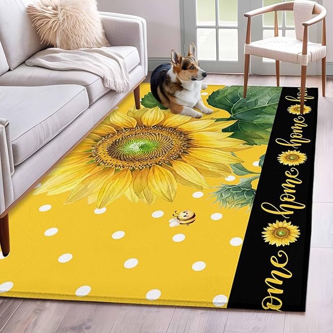 Area Rug 4x6ft, Summer Watercolor Sunflowers Bees Washable Rugs for Living Room Bedroom, Farmhouse Floral Art Soft Non-Slip Area Rugs Rectangle Floor Carpet for Dining Room
