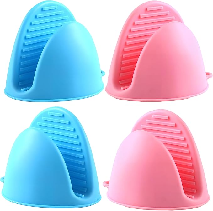 2 Pairs (Blue & Pink), Mini Silicone Oven Gloves, Mini Finger Protector Pot Holder for Kitchen,Cooking,Baking,BBQHeat Resistant Gloves，can be Washed in The Dishwasher