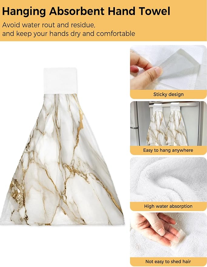 Alandar Home Kitchen Tie Towel Set of 1, Abstract Marble Gold Stripe Art Absorbent Soft Hand Towels for Bathroom Hanging Towels, Watercolor Natural White Stone Fast Drying Cleaning Cloth with Loop
