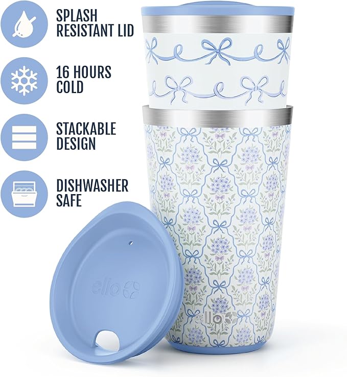 Ello 2 Pack 16oz Stainless Steel Stacking Cups with Easy Press Lids | Pint Size Reusable Tumblers for Parties, Home, Camping, Outdoor | Keeps Cold for 16 Hours, Dishwasher Safe | Bows & Flowers